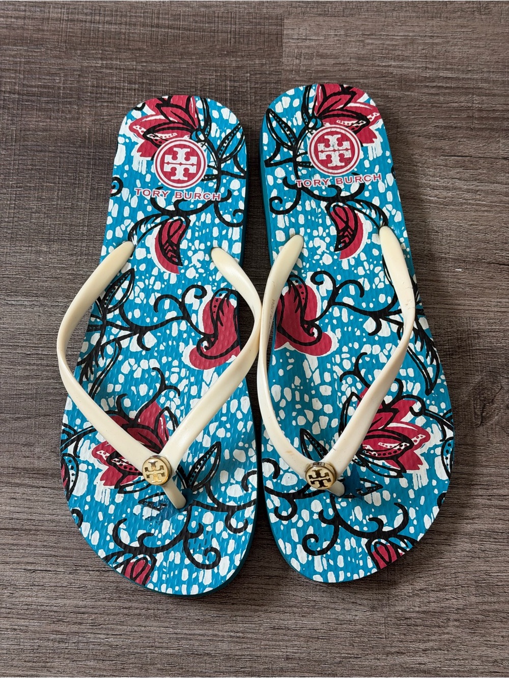 Tory Burch Blue Floral Print Flip Flops with Cream Straps